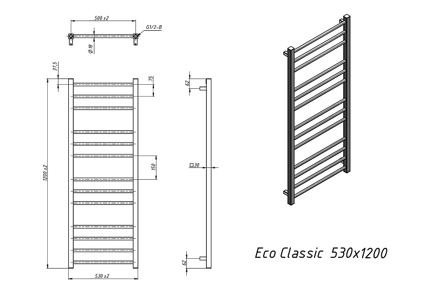 Полотенцесушитель водяной Grota Eco classic 530x1200 N RAL9016 Белый