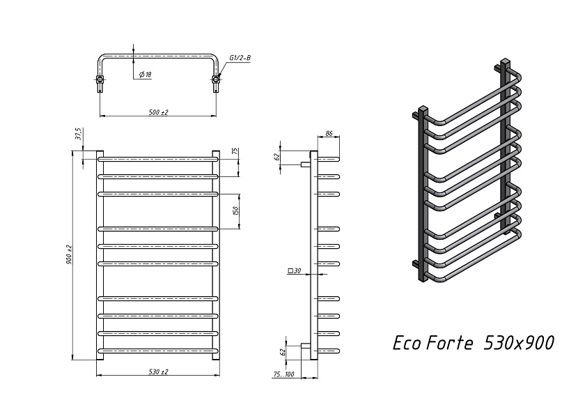 Полотенцесушитель электрический Grota EcoForte 530x900 N RAL9016 EL Белый