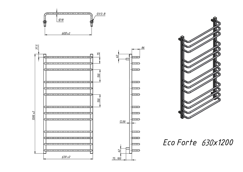 Полотенцесушитель электрический Grota EcoForte 630x1200 N RAL9016 EL Белый