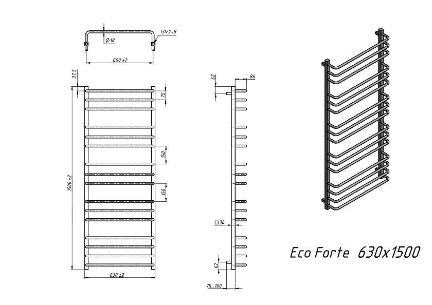 Полотенцесушитель электрический Grota EcoForte 630x1500 N RAL9016 EL Белый