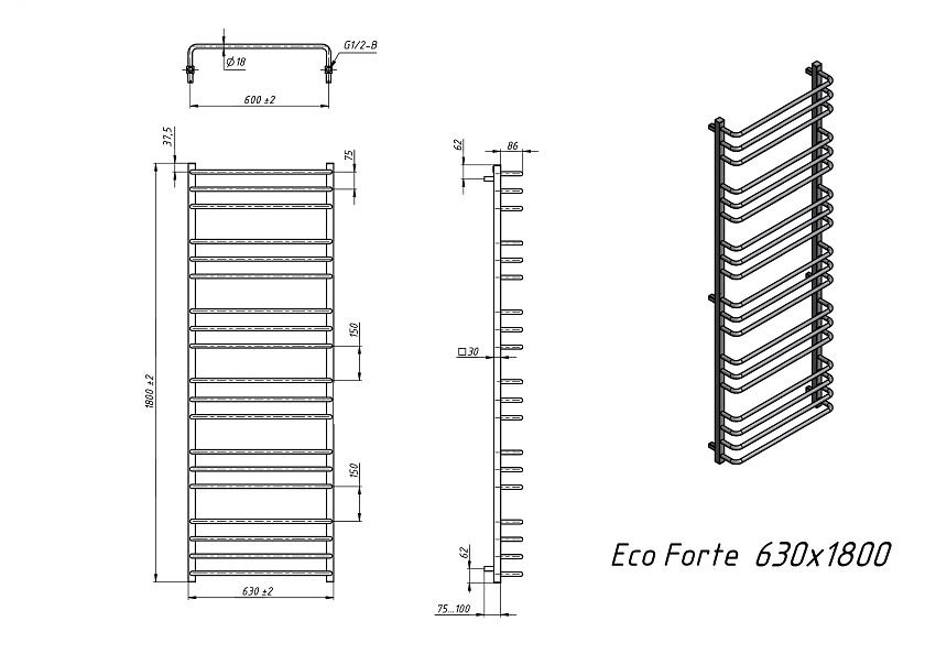 Полотенцесушитель электрический Grota EcoForte 630x1800 N RAL9016 EL Белый