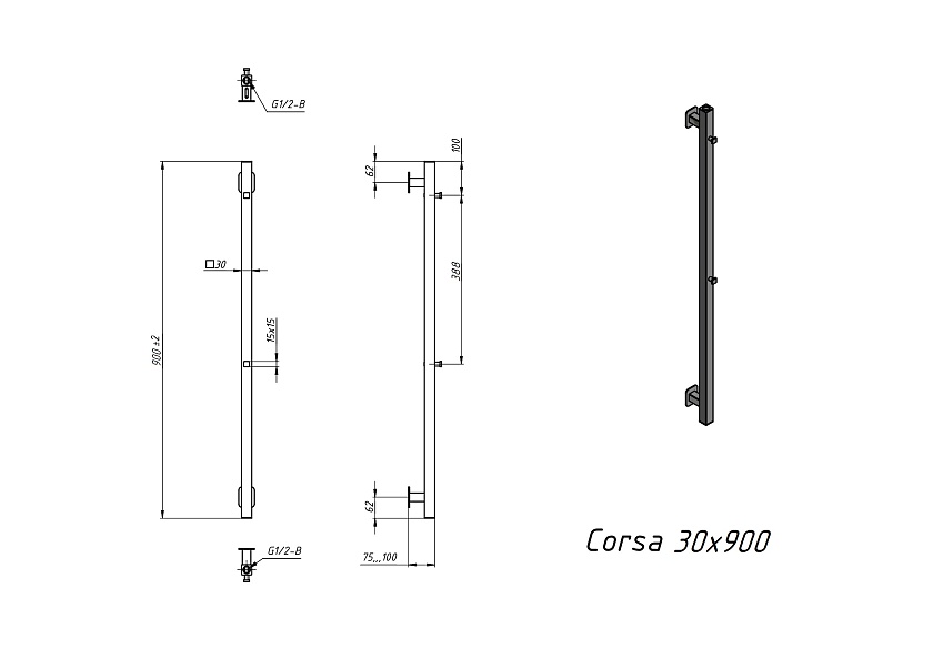 Полотенцесушитель водяной Grota Corsa 30x900 N RAL9005 Черный
