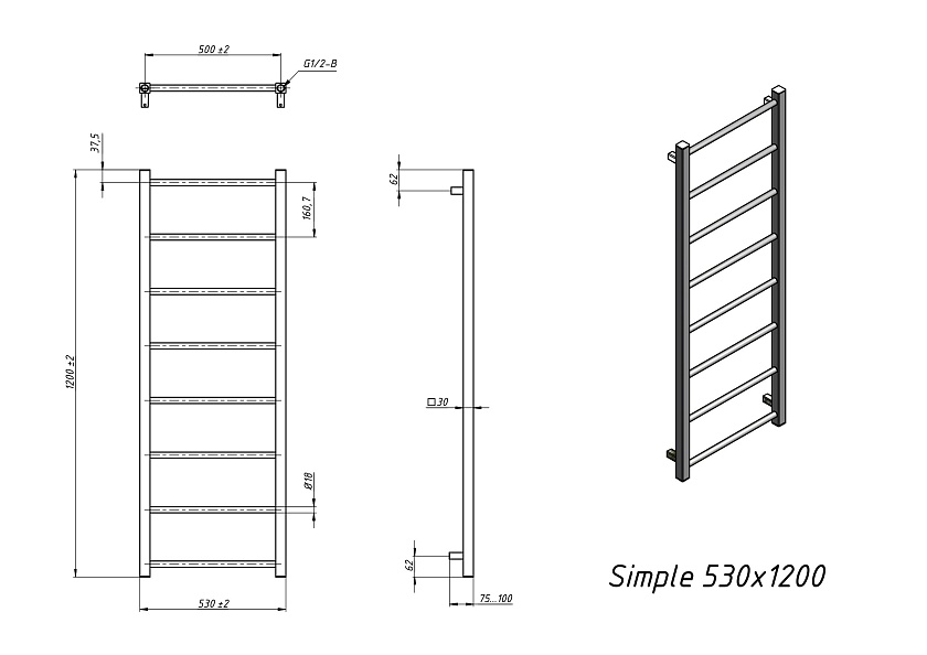 Полотенцесушитель водяной Grota Simple 530x1200 NP Хром глянцевый