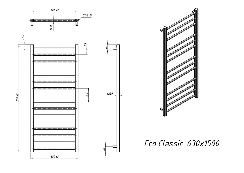 Полотенцесушитель водяной Grota Eco classic 630x1200 NP Хром глянцевый