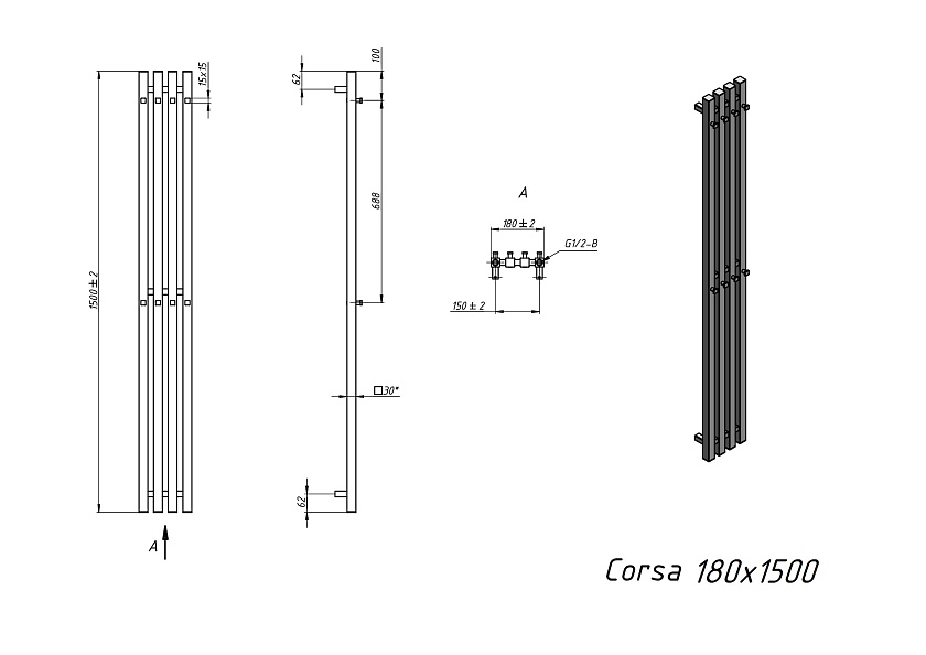 Полотенцесушитель электрический Grota Corsa 180x1500 N RAL9016 EL Белый