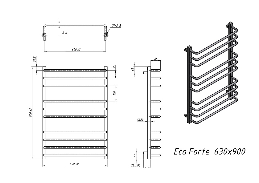 Полотенцесушитель электрический Grota EcoForte 630x900 N RAL9016 EL Белый