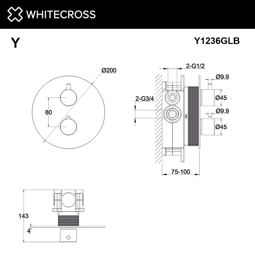 Встраиваемый смеситель для душа WHITECROSS Y с термостатом, золото брашированное, Y1236GLB