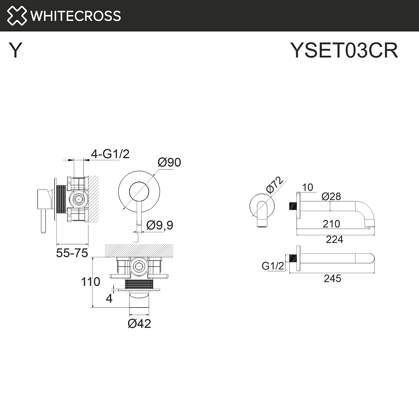 Встраиваемый смеситель для ванны WHITECROSS Y, хром, YSET03CR