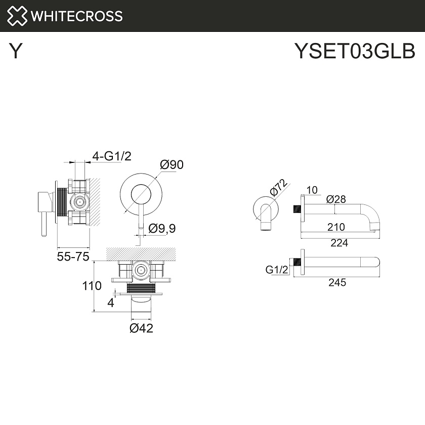 Встраиваемый смеситель для ванны WHITECROSS Y, золото брашированное, YSET03GLB