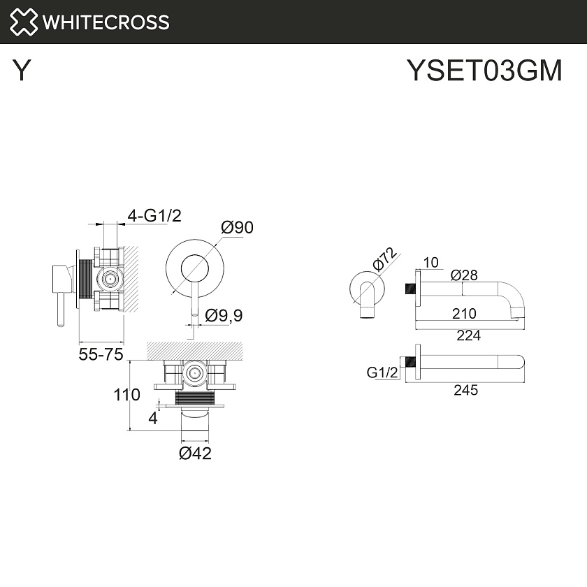 Встраиваемый смеситель для ванны WHITECROSS Y, оружейная сталь, YSET03GM