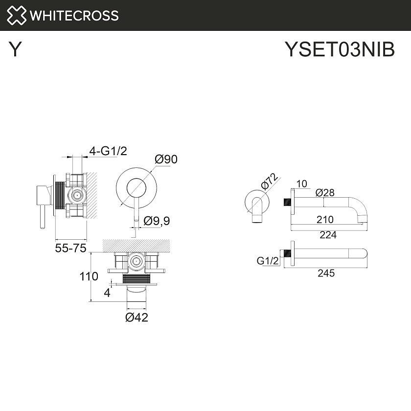 Встраиваемый смеситель для ванны WHITECROSS Y, никель брашированный, YSET03NIB