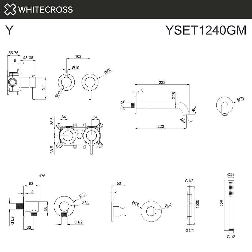 Встраиваемый смеситель для ванны WHITECROSS Y, оружейная сталь, YSET1240GM