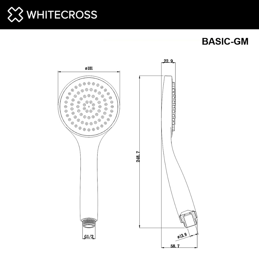 Лейка для душа WHITECROSS 1 режим, оружейная сталь, BASIC-GM 