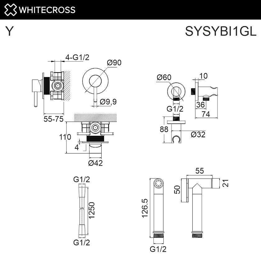 Смеситель с гигиеническим душем WHITECROSS Y встраиваемый, золото, SYSYBI1GL 