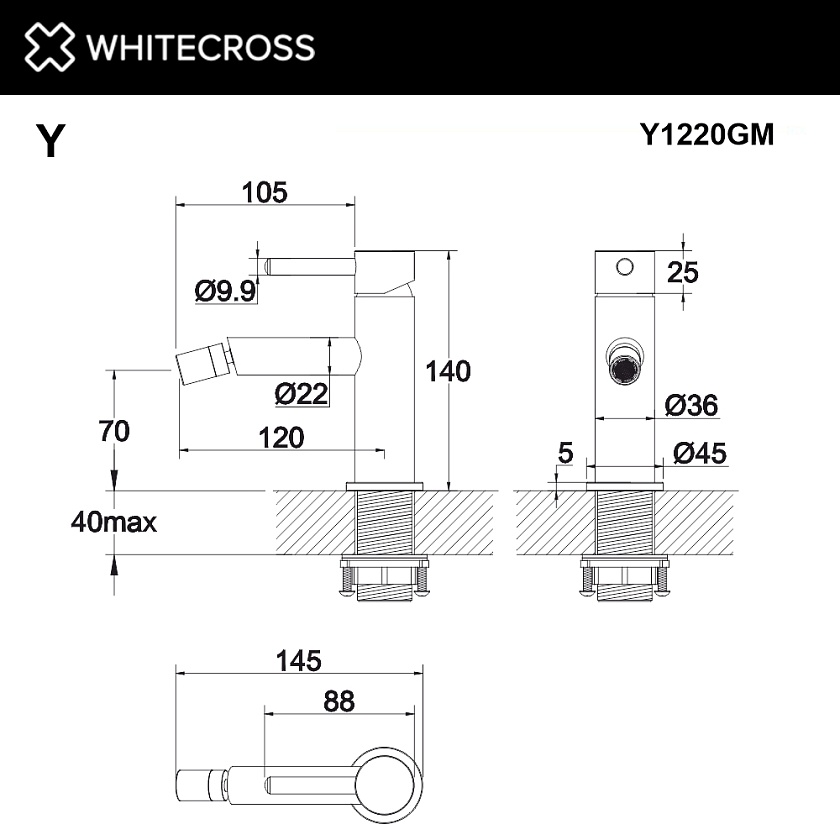 Смеситель для биде WHITECROSS Y, оружейная сталь, Y1220GM 