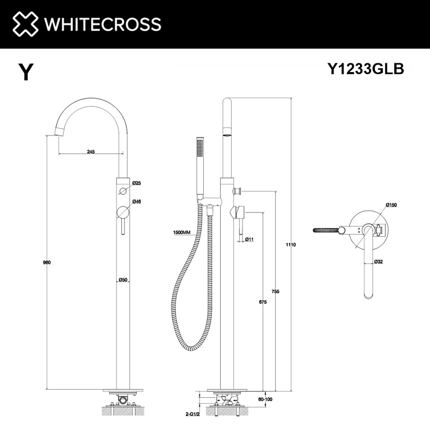 Напольный смеситель для ванны WHITECROSS Y, брашированное золото, Y1233GLB 