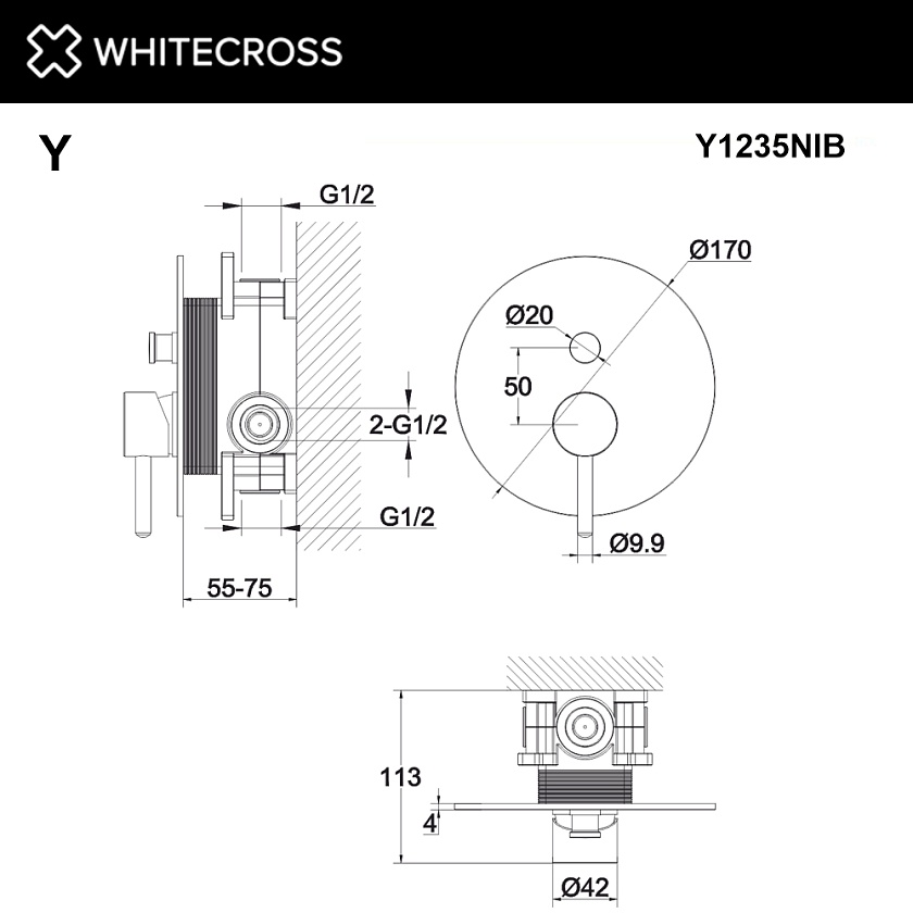 Встраиваемый смеситель для душа WHITECROSS Y, никель брашированный, Y1235NIB