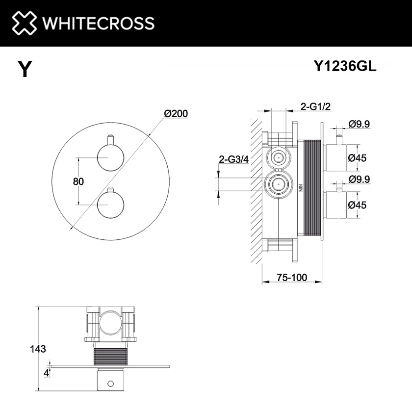 Встраиваемый смеситель для душа WHITECROSS Y с термостатом, золото, Y1236GL