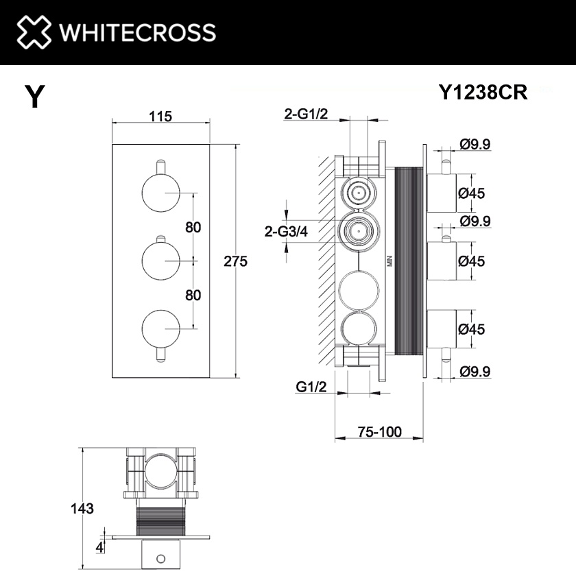Встраиваемый смеситель для душа WHITECROSS Y с термостатом, хром, Y1238CR