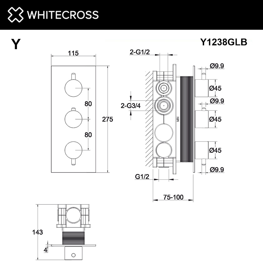 Встраиваемый смеситель для душа WHITECROSS Y с термостатом, золото брашированное, Y1238GLB