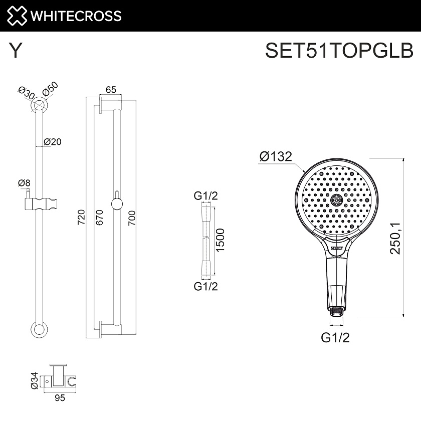 Душевой гарнитур WHITECROSS, золото брашированное, SET51TOPGLB