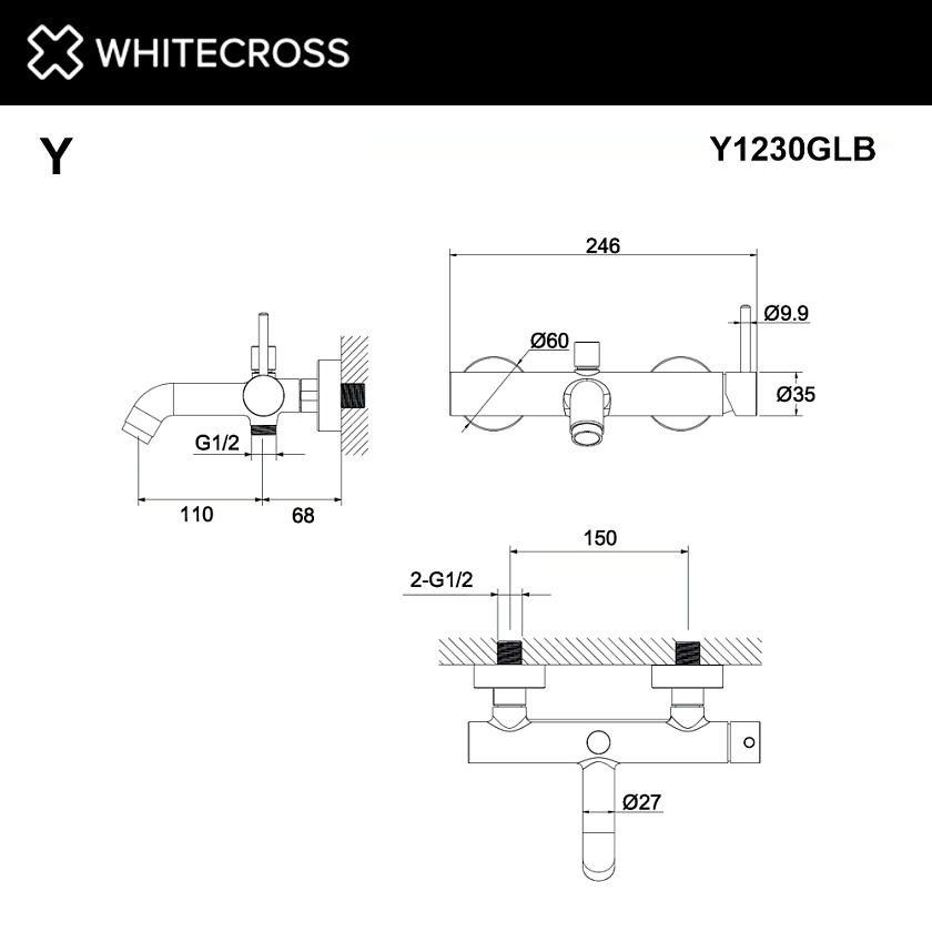 Смеситель для ванны WHITECROSS Y, золото брашированное, Y1230GLB