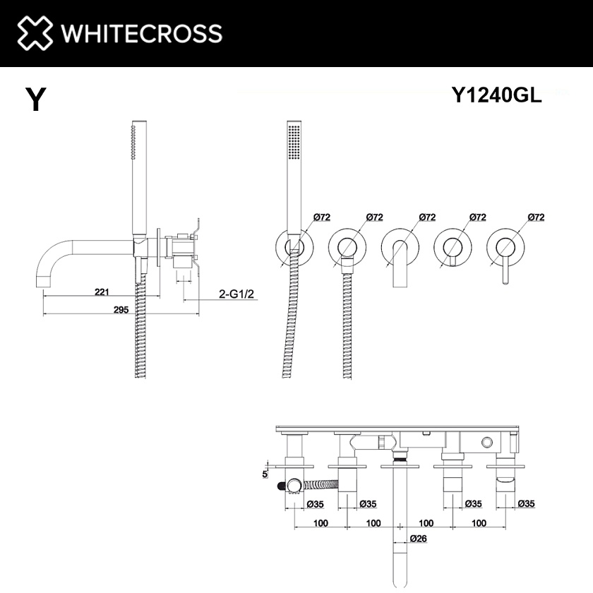 Смеситель для ванны WHITECROSS Y встраиваемый, золото, Y1240GL