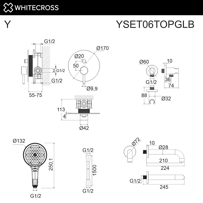 Встраиваемый смеситель для ванны WHITECROSS Y, золото брашированное, YSET06TOPGLB