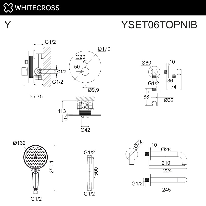 Встраиваемый смеситель для ванны WHITECROSS Y, никель брашированный, YSET06TOPNIB