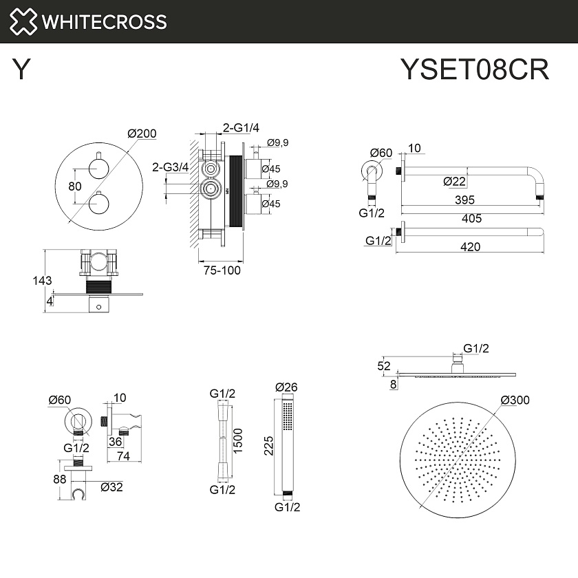 Душевая система встраиваемая WHITECROSS Y с термостатом, хром, YSET08CR