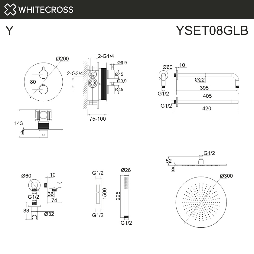 Душевая система встраиваемая WHITECROSS Y с термостатом, золото брашированное, YSET08GLB