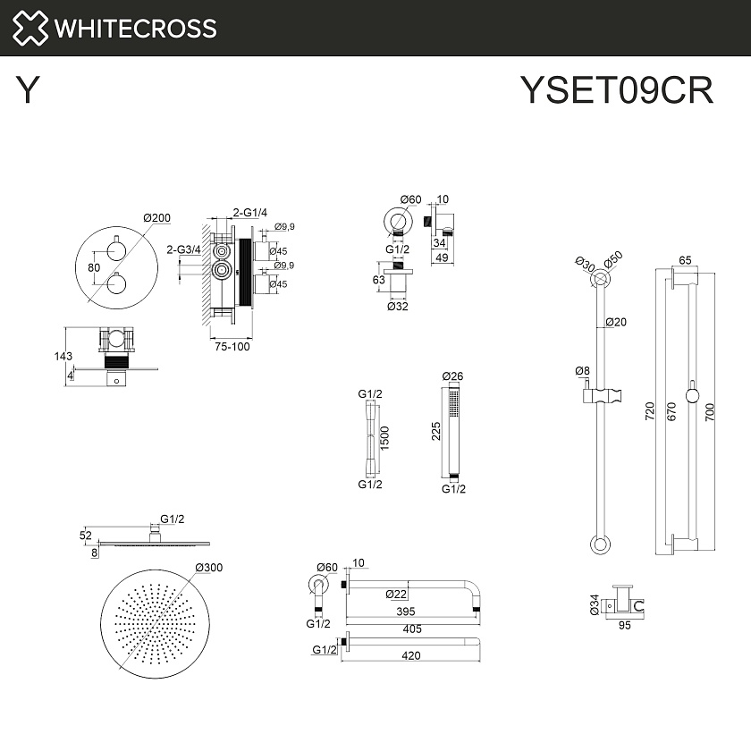 Душевая система встраиваемая WHITECROSS Y с термостатом, хром, YSET09CR