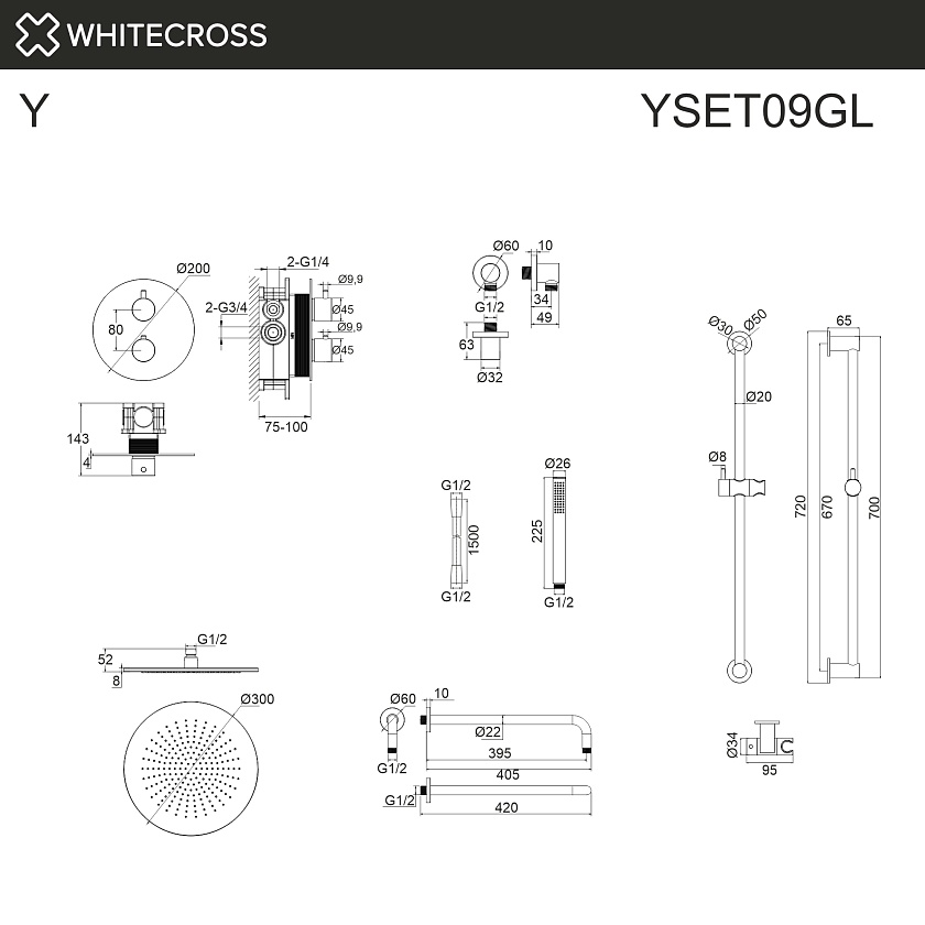 Душевая система встраиваемая WHITECROSS Y с термостатом, золото, YSET09GL