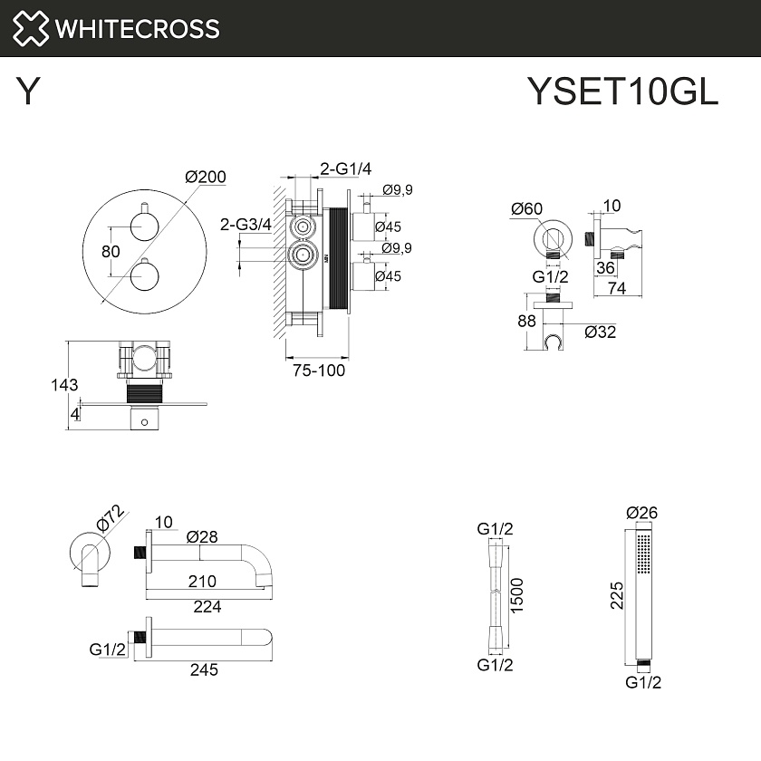 Душевая система встраиваемая WHITECROSS Y с термостатом, золото, YSET10GL