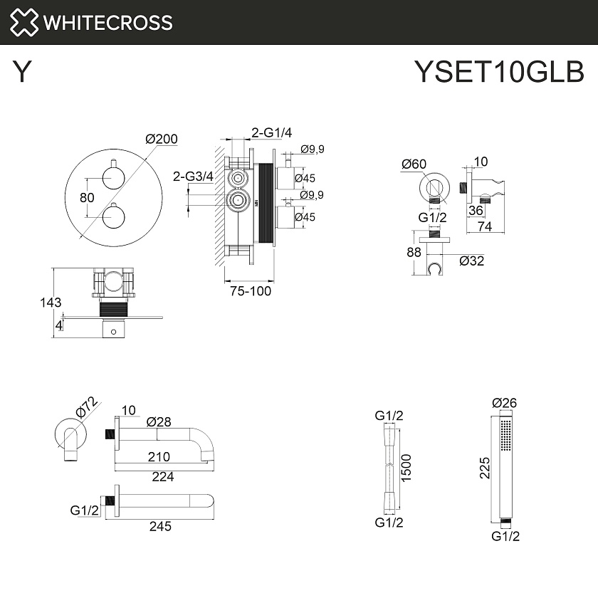 Душевая система встраиваемая WHITECROSS Y с термостатом, золото брашированное, YSET10GLB
