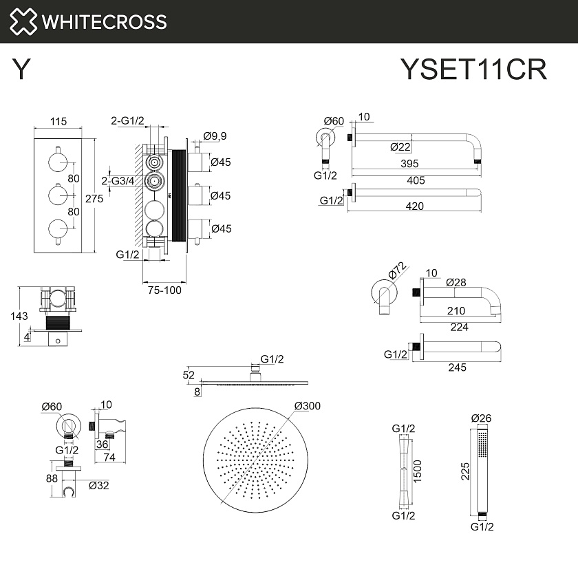 Душевая система встраиваемая WHITECROSS Y с термостатом, хром, YSET11CR