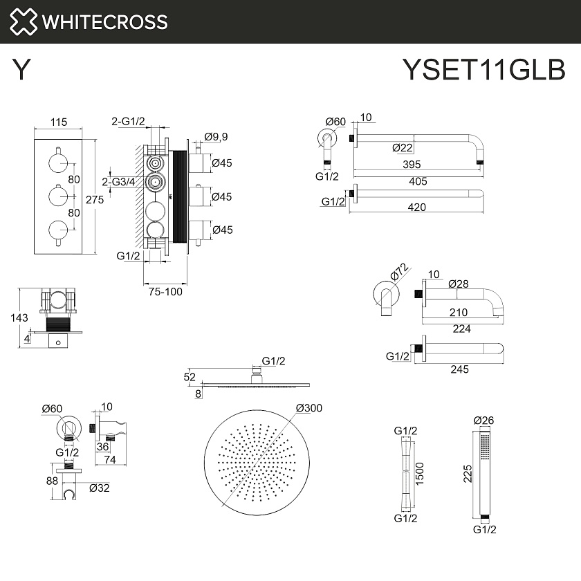 Душевая система встраиваемая WHITECROSS Y с термостатом, золото брашированное, YSET11GLB