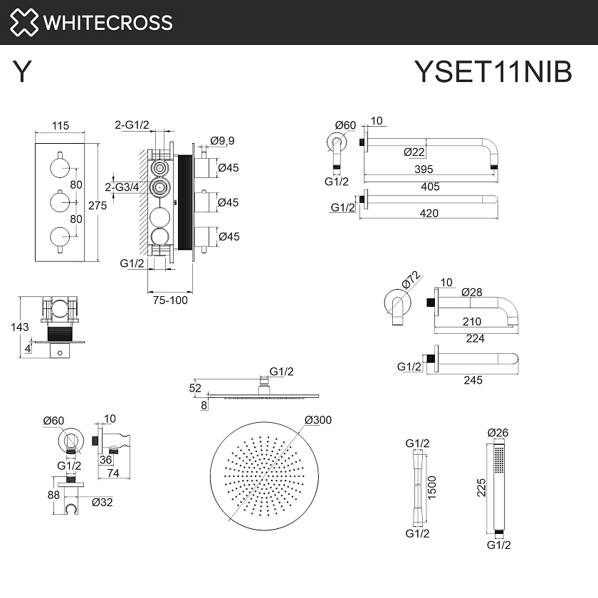 Душевая система встраиваемая WHITECROSS Y с термостатом, никель брашированный, YSET11NIB