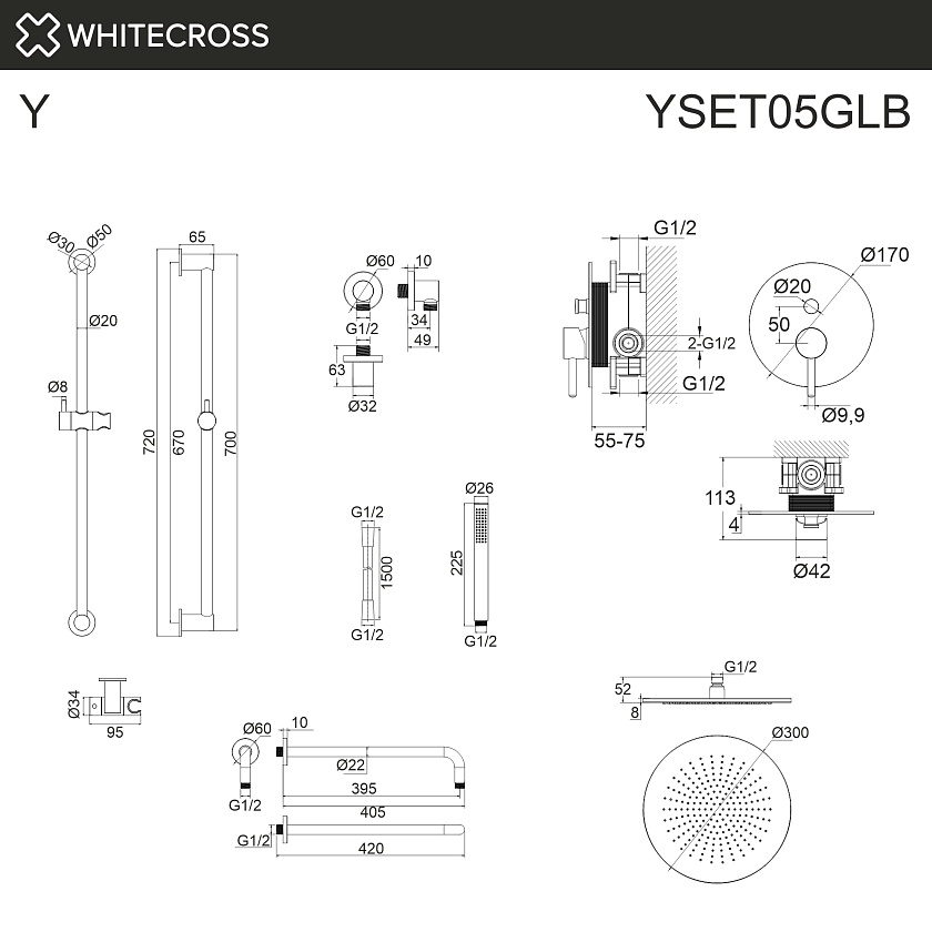 Душевая система WHITECROSS Y встраиваемая, золото брашированное, YSET05GLB