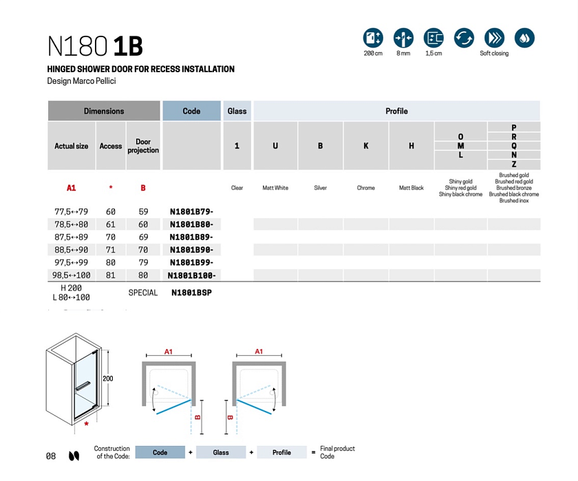 Душевая дверь Novellini N180, 90 см, N1801B90-1B