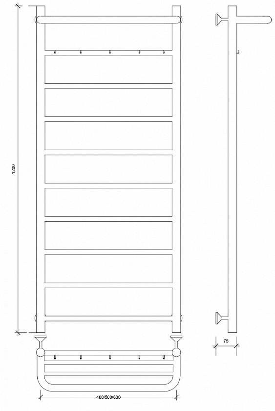 Полотенцесушитель водяной Secado Триада 1 КСП, 120x60, хром, нижнее подключение, 4603777443658