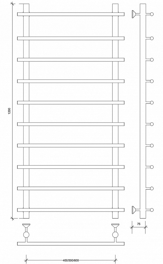 Полотенцесушитель водяной Secado Турин 1, 120x50, хром, нижнее подключение, 4603759407227