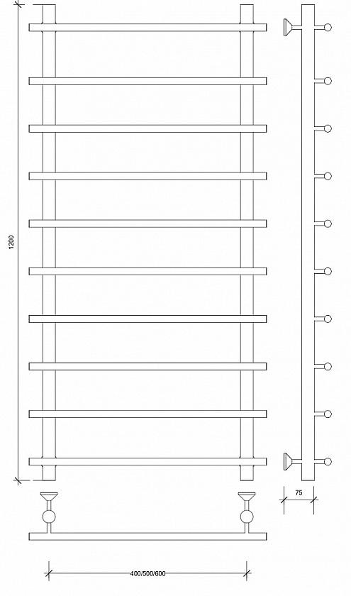 Полотенцесушитель водяной Secado Турин 1 СП, 120x50, хром, нижнее подключение, 4603759407265