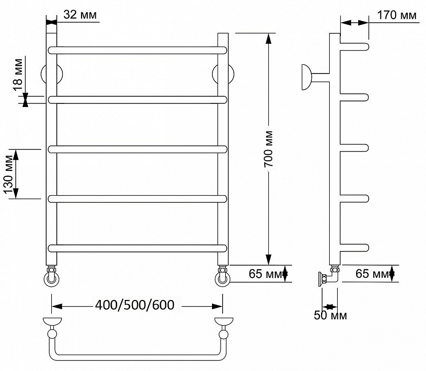 Полотенцесушитель водяной Secado Мерида 1, 40x70, бронза, нижнее подключение, 4603777459734