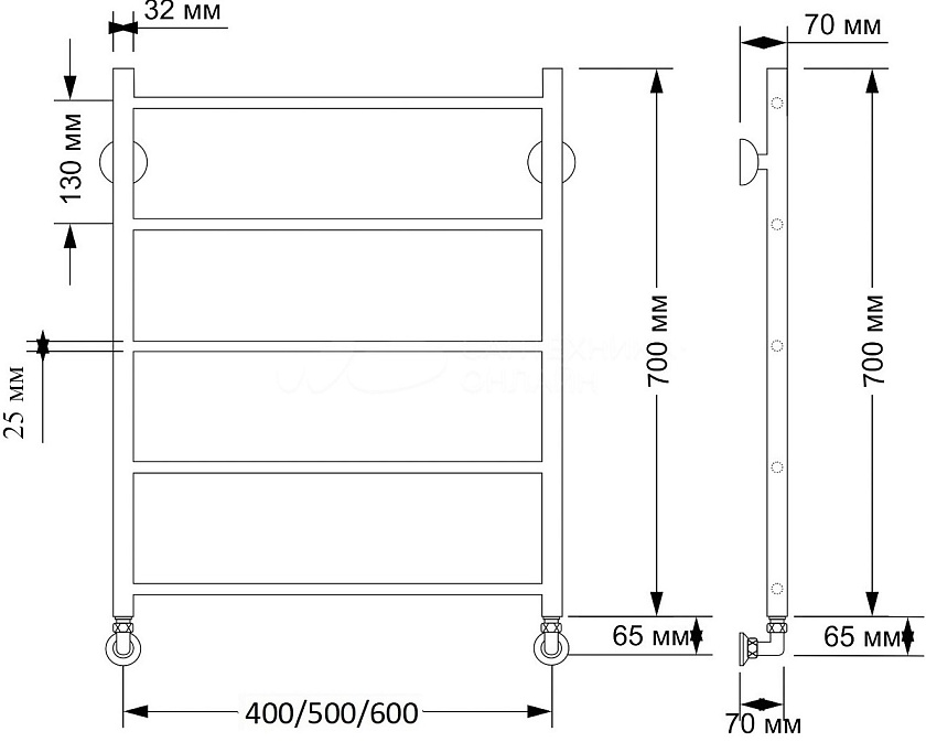 Полотенцесушитель водяной Secado Триада 1 плюс, 50x70, бронза, нижнее подключение, 4603777477356